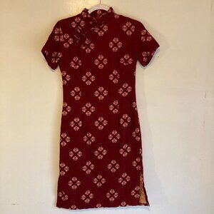 Burgundy Qipao Cheongsam Dress Corded Cotton Asian Y2K Small